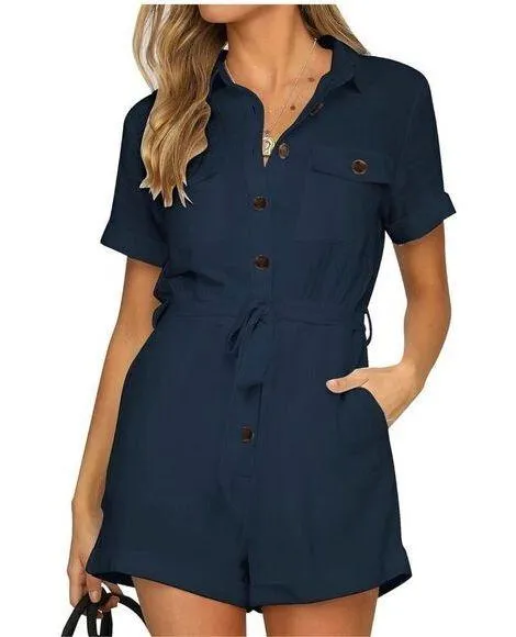 NEW Blue Button Down Pockets Romper L NO BELT Size L