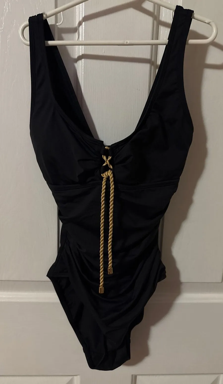 Lauren Ralph Lauren Black Ruched One Piece Swimsuit Gold Rope Lace Up Size 0