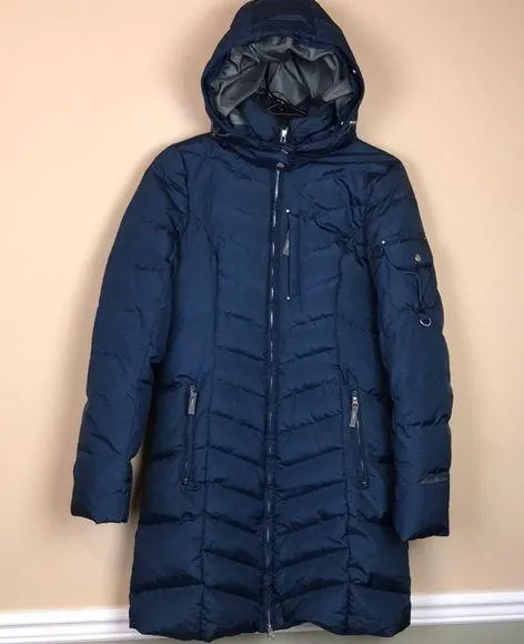 Eddie Bauer Women’s Goose Down Puffer Navy Blue Long Line Winter Snow Jacket