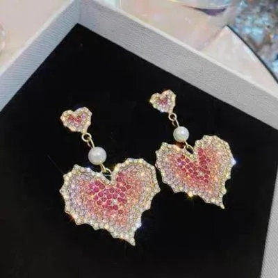 Pink Love Heart Dangle Drop Earrings for Women Gold