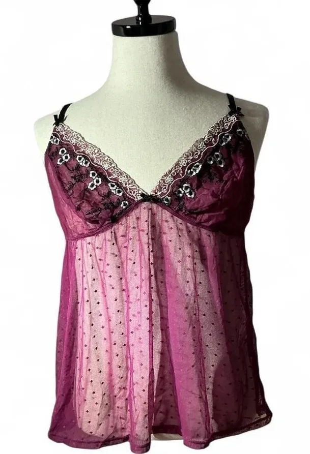 Cacique Purple Lace Floral Babydoll Lingerie Chemise Tank Top Sheer
