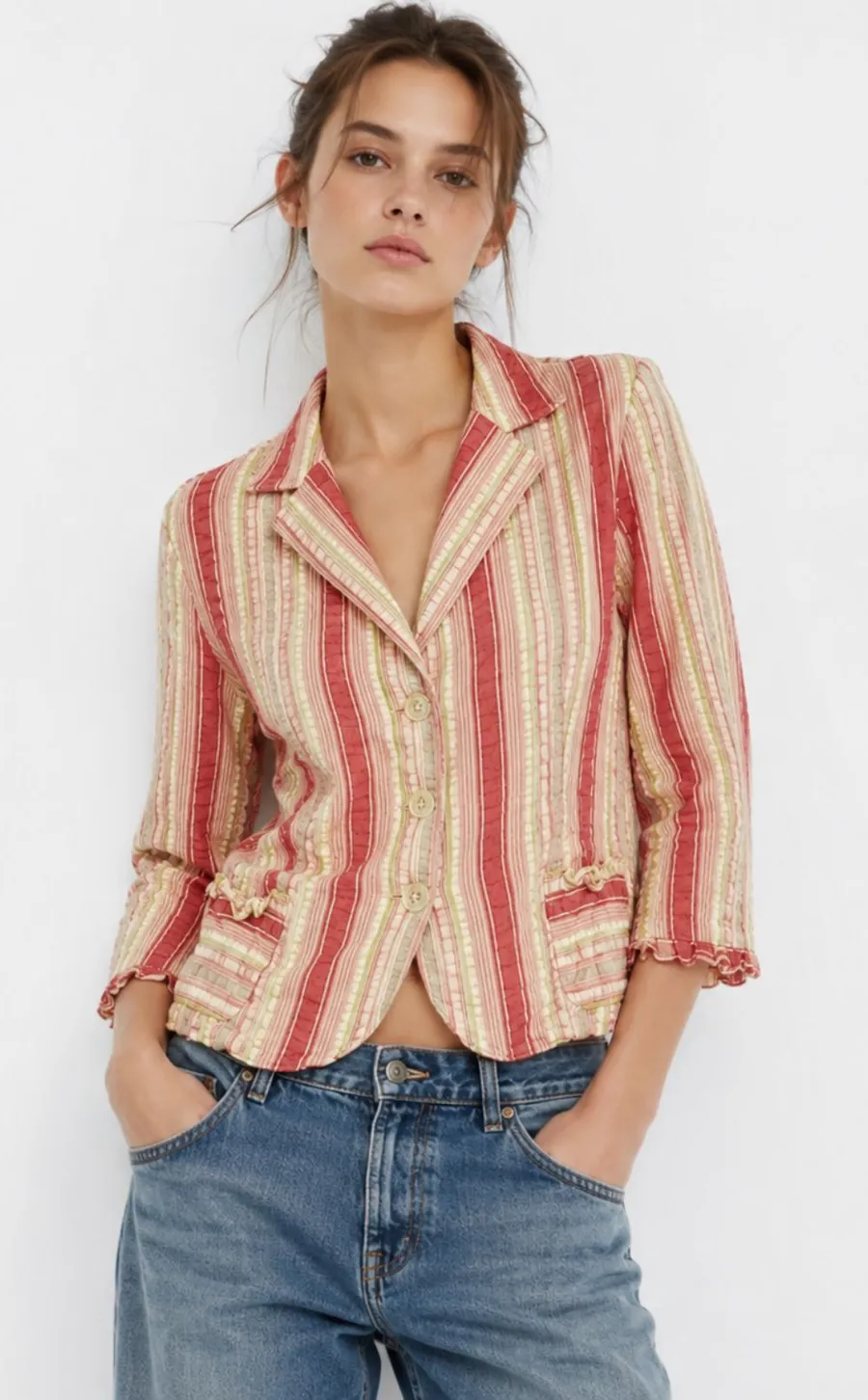 Cabi Pink Yellow Striped Ruffle Blazer Jacket Size 6 Preppy Boho Spring Chic