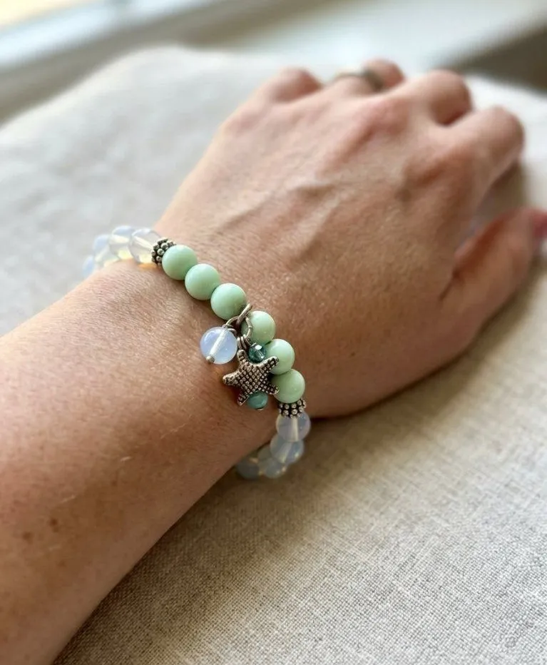Starfish Charm Stretch Bracelet, Mint Green & Opalite Beads, Beachy Boho Blue