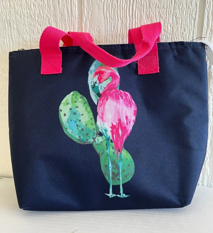 Navy Blue Flamingo Cactus Print Lunch Tote Bag Pink Handles Zipper Closure