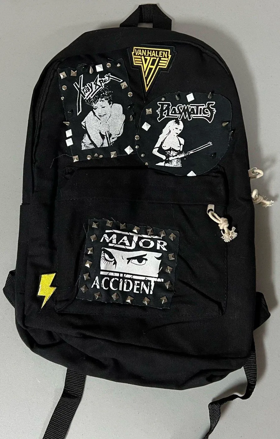 Black X-Ray Spex Plasmatics Major Accident Van Halen Spiked Studded Lightning Bolt Punk Rock Metal Band Patch Patches Backpack School Bag Unisex ๐ค๐ป๐ค๐ฝ๐ค๐ฟโก๏ธ