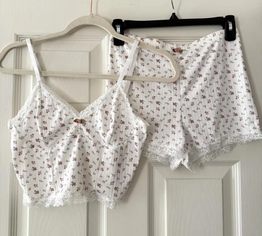 Pink Floral Lace Trim Rosette Tank & Short Set White