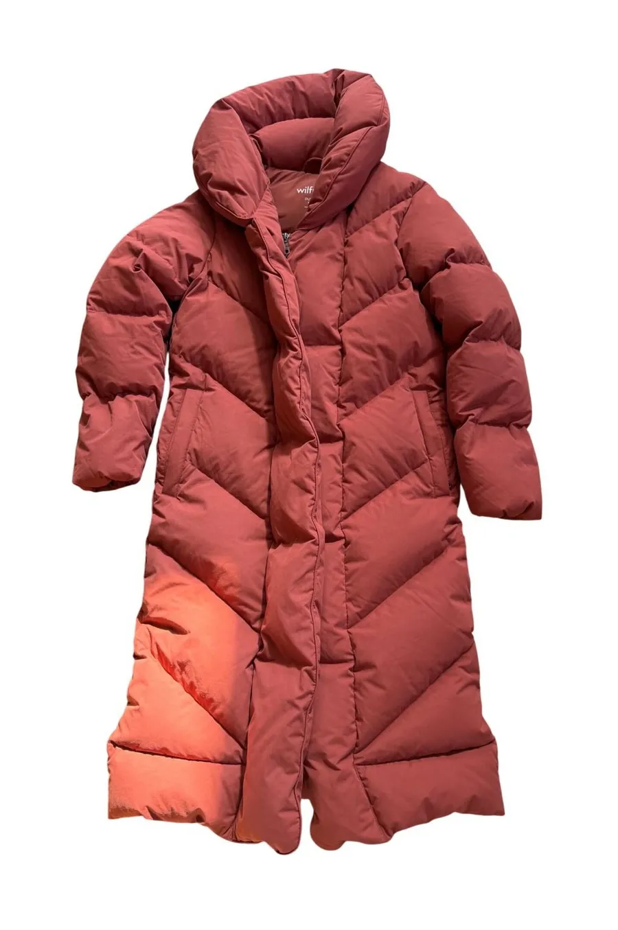 Wilfred Aritzia The Duvet Puffer Long Down Jacket Burnt Orange XXS Chevron Quilt