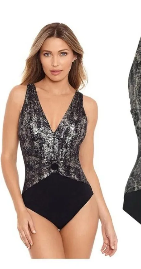 NWT Amoressa Into The Mystic Siddhartha One Piece 6 Black Metallic Sculpt Smooth Silver