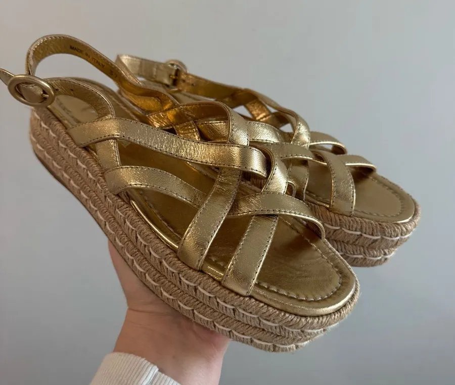 Prada Strappy Gold Leather Platform Espadrilles Size 37.5