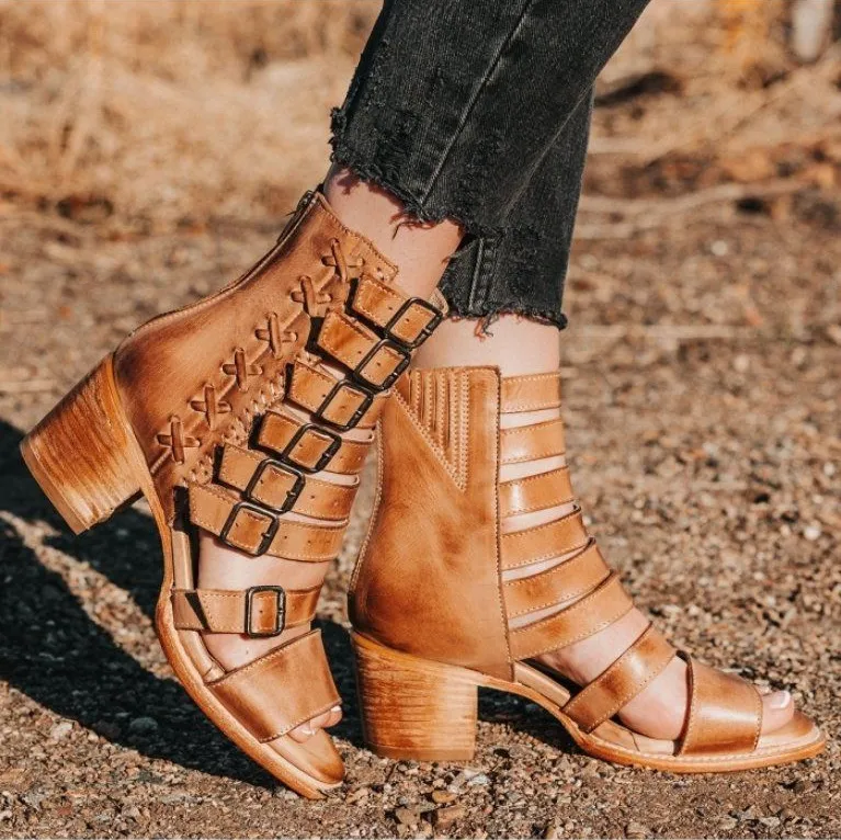 NEW Freebird Country Natural Leather Buckles Edgy Cut-Outs Cutouts Low Sandals