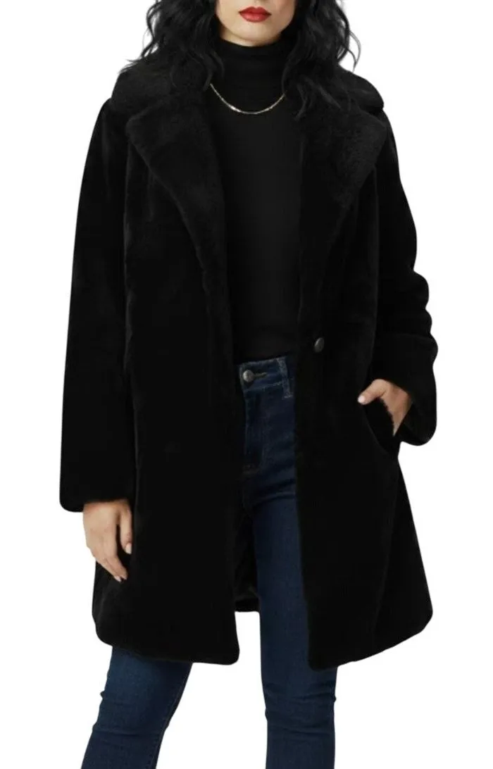 Basic Editions 1990s Vintage Black Faux Fur Coat Size XL Long Formal Glam