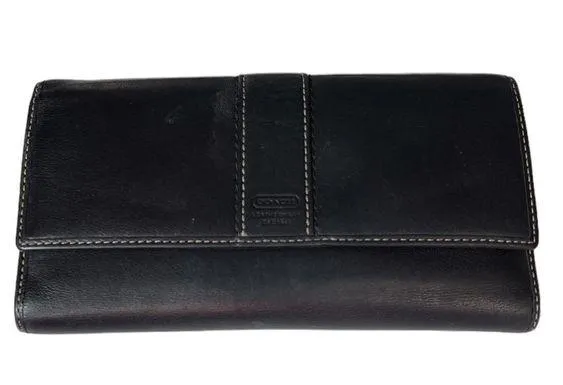 Coach Trifold Leather Wallet with Checkbook Holder Black Lavender