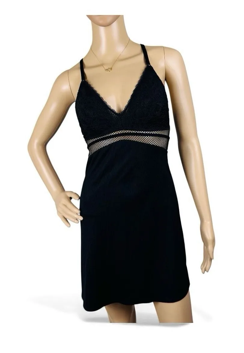 Gilligan & O'Malley Large Small Lace Chemise Lingerie Nightie Mesh Accent Sexy Black