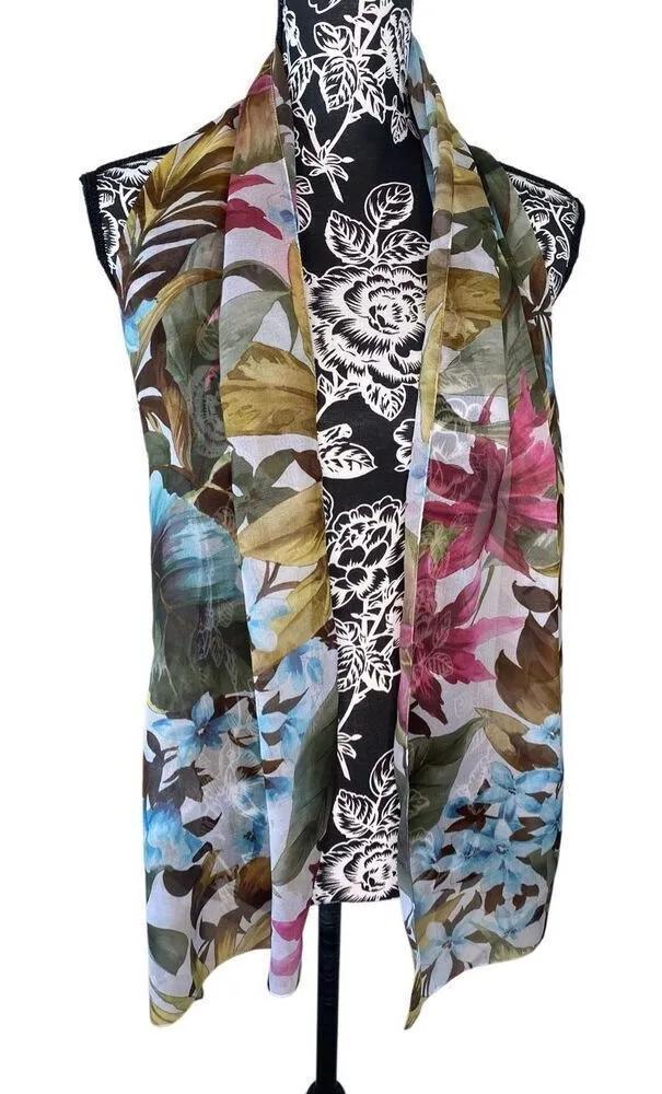Floral Sheer Lightweight Scarf Wrap Shawl Multicolor Botanical Print Soft Formal Yellow