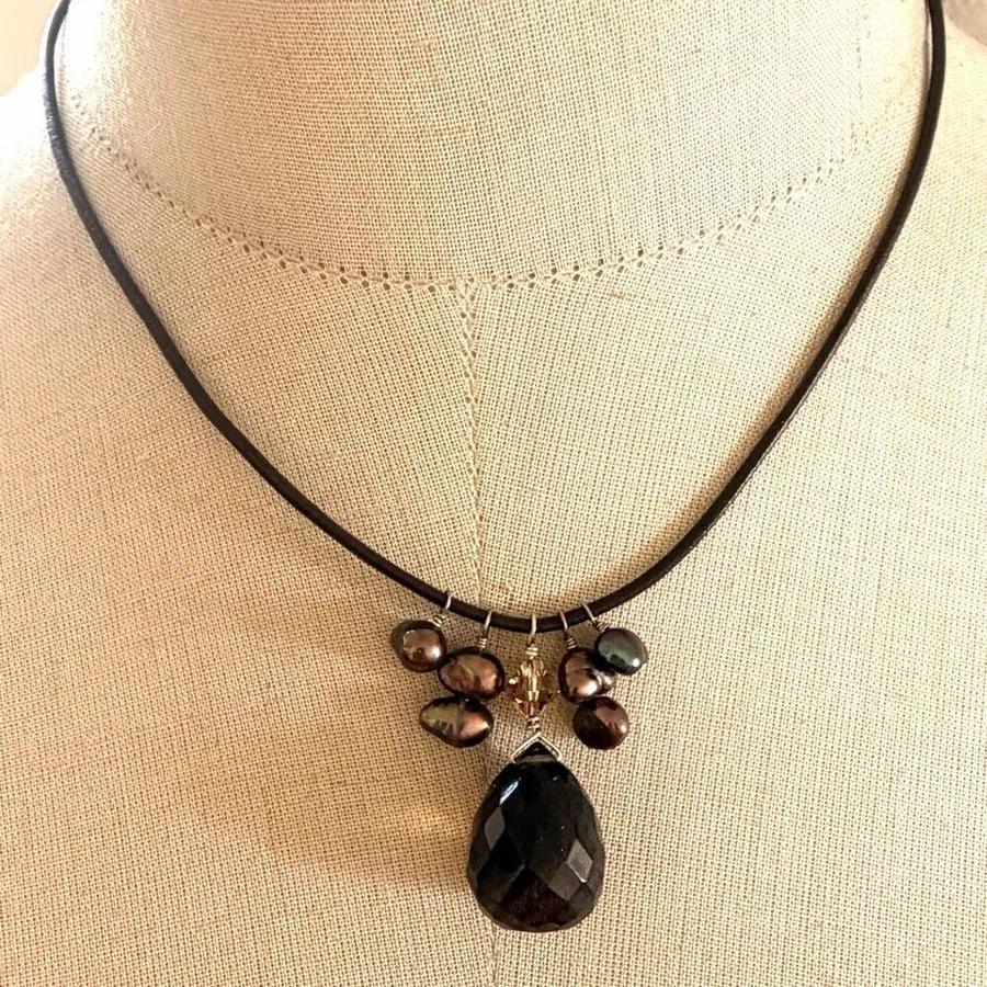 Handcrafted Sterling Silver Smoky Quartz & Peacock Pearl Leather Cord Necklace