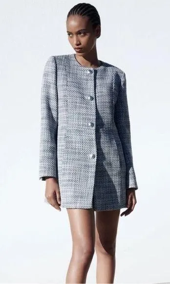 Long Structured Tweed Button Down Blazer Coat Small