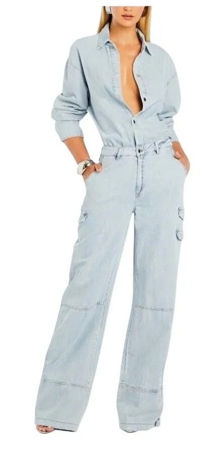 Retrofete Ruso Denim Jumpsuit Long Sleeve Wide Leg Light Wash XS