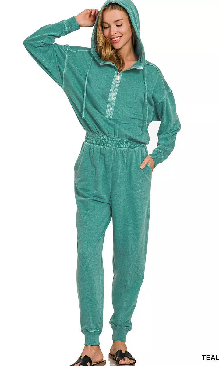 Zenana enzyme washed French terry jumpsuit