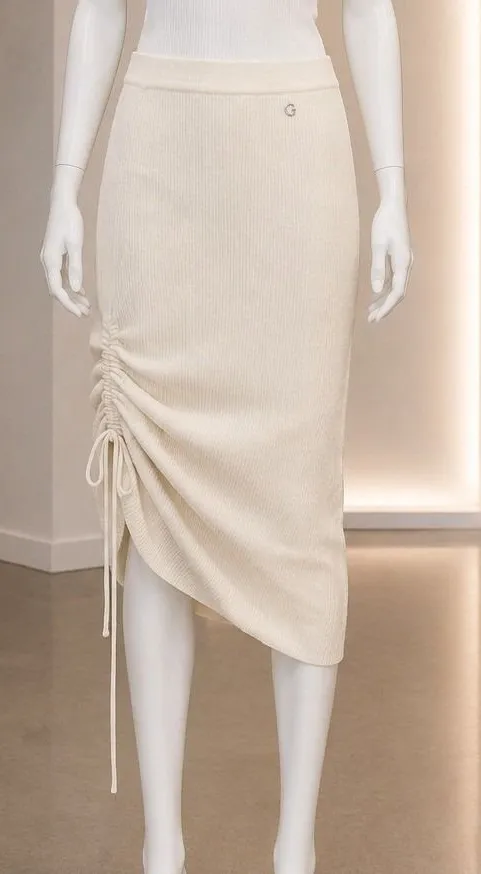 Guess Womens Skirt Ribbed Knit Ruched Side Cream Small