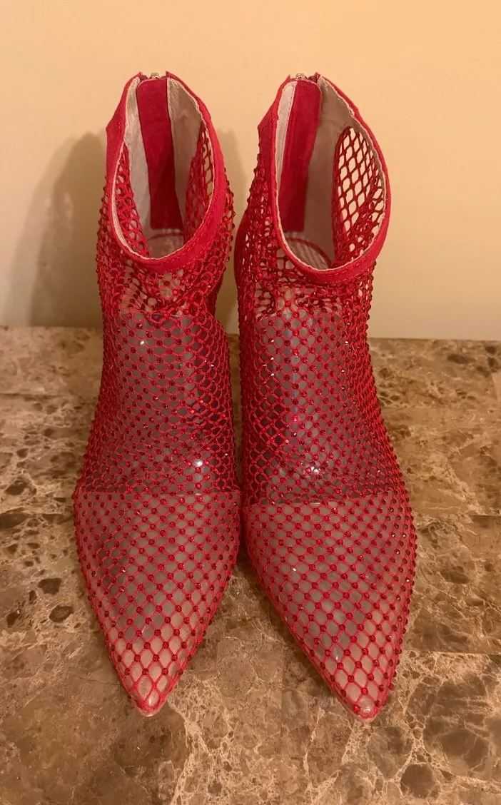 Charles By Charles David Red Mesh Sparkly Pointed Toe Ankle Boots