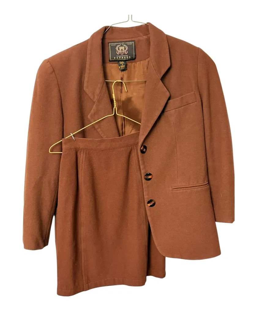 Vintage Express Wool Cashmere Blend Brown Skirt Suit Blazer Set Size Small