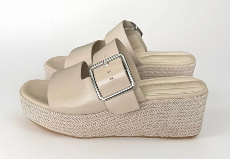 Franco Sarto Platform Wedge Slide Sandals Beige Buckle Comfort Women's US 7.5 Tan