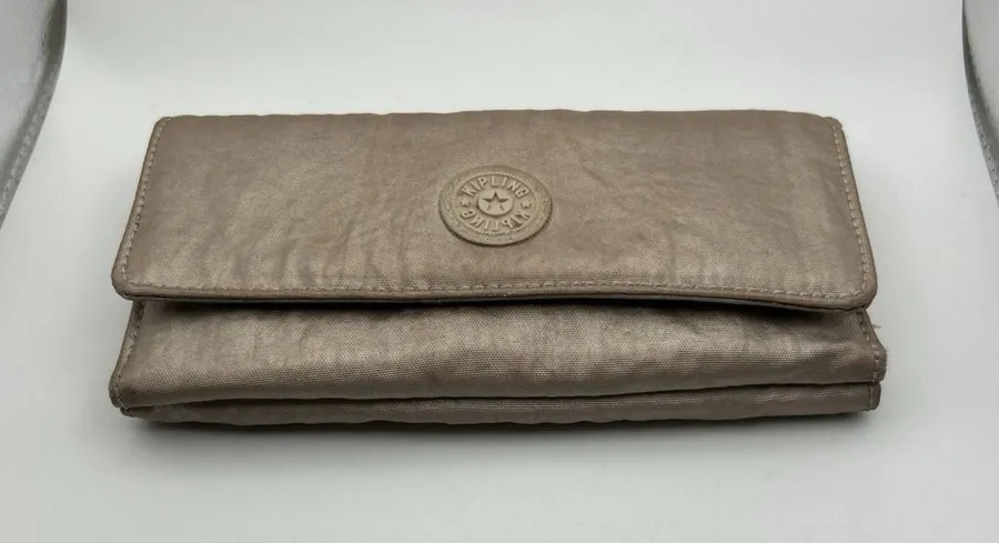 Kipling Metallic Taupe/Champagne Nylon Trifold Wallet with Logo Patch