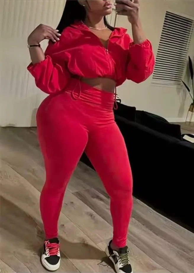Red Lightweight Cropped Zip Jacket & Leggings Set
