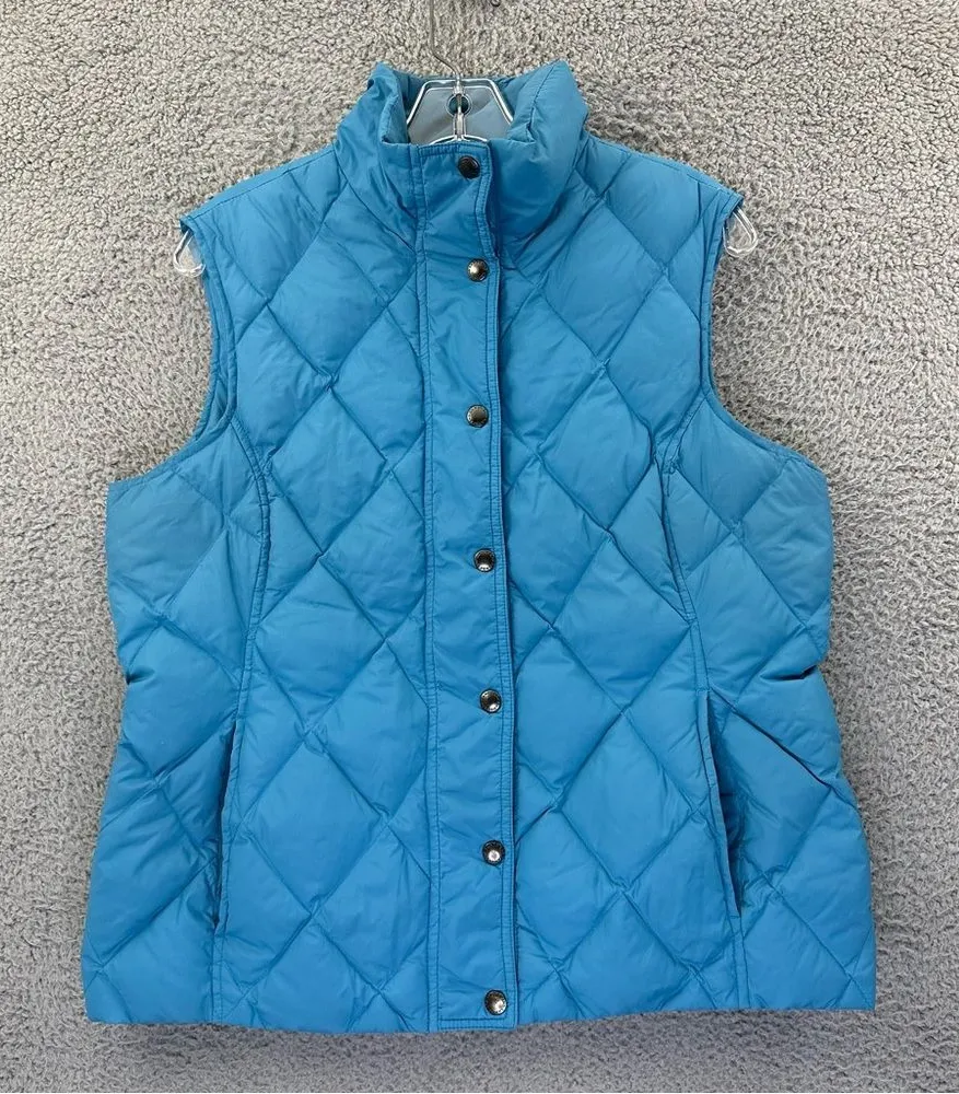 Lands' End Down Feather Puffer Vest Teal Blue Snap Button Outdoor Travel Wmn M
