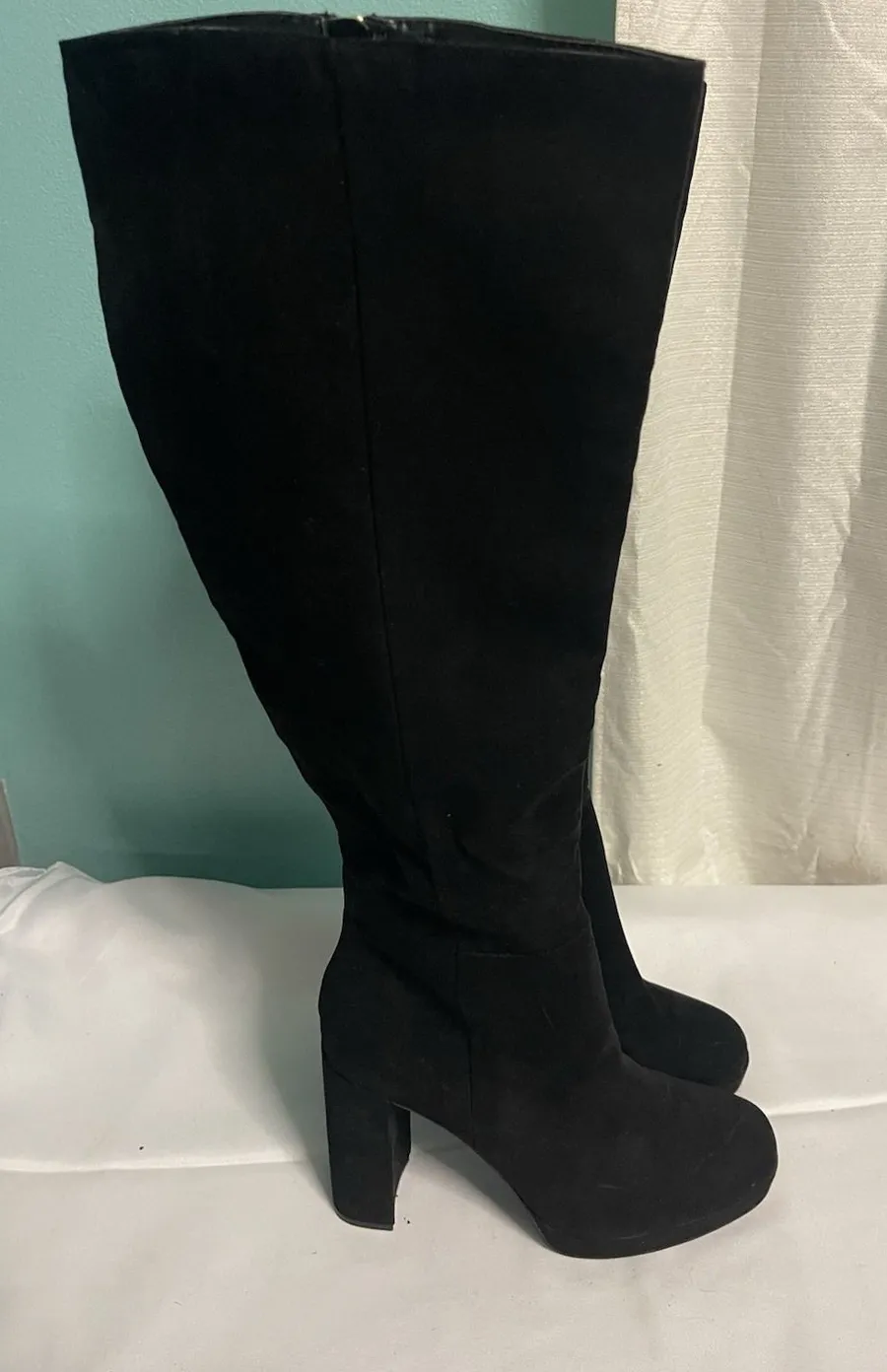 Knee High Boots Women 10M Shoes Black Suede Block Heel Bin4 Size 10