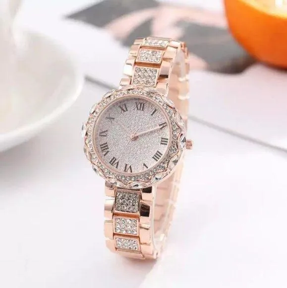 Rose Gold Bling Stones Ladies Watch Roman Numbers Iced Out Watch Sparkling