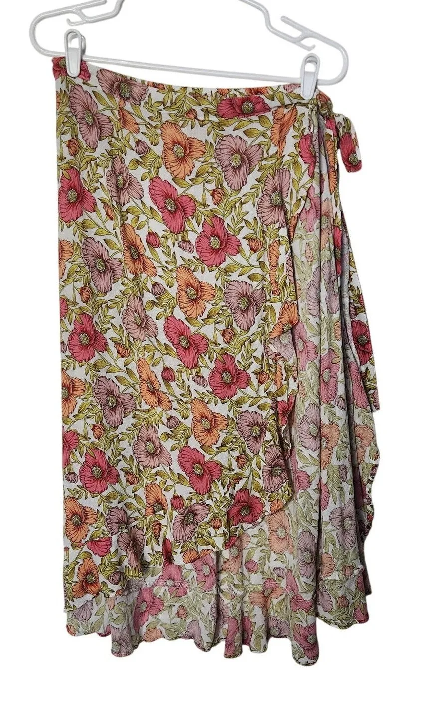 Cupcakes & Cashmere Spring Floral Viscose Boho Ruffle Midi Wrap Skirt Size Large Pink