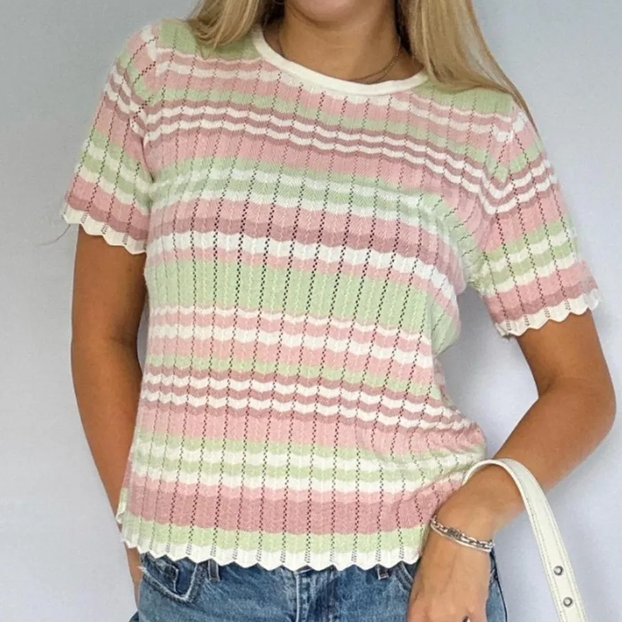 ALFRED DUNNER White Mauve Pink Green Chevron Striped Short Sleeve Sweater Top L