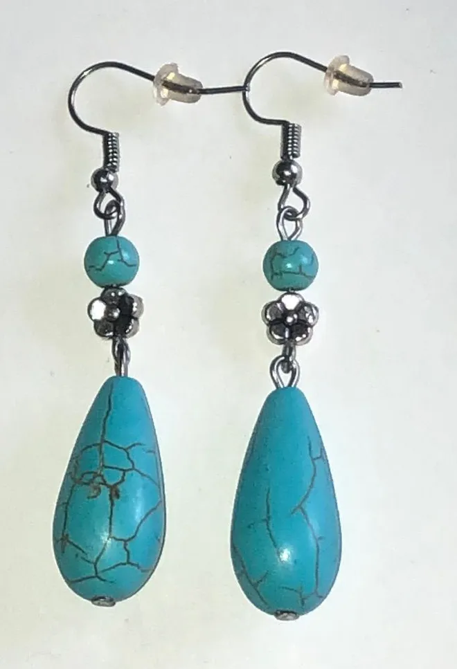 Turquoise Color Teardrop Floral Boho Dangle Earrings Blue