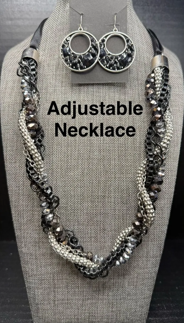 Adjustable Black and Silver Twisted Chain Necklace and Earring Set