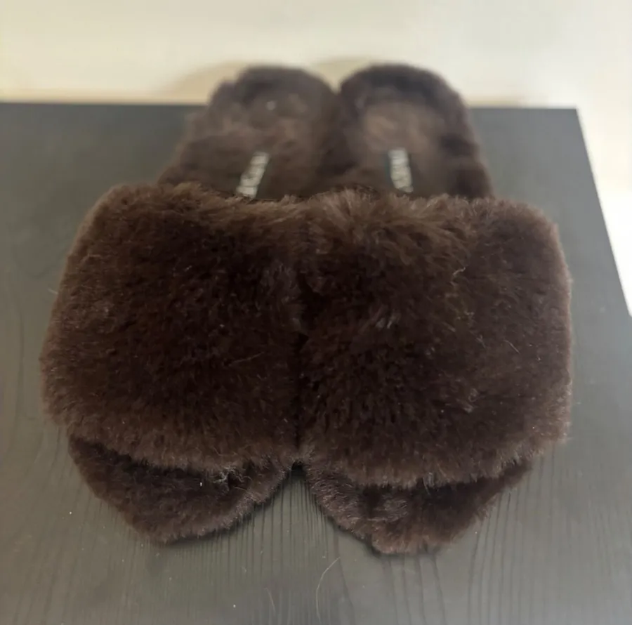 Twelve AM Co. Fuzzy Slippers Open Toe Slip On Slides Brown Size 7