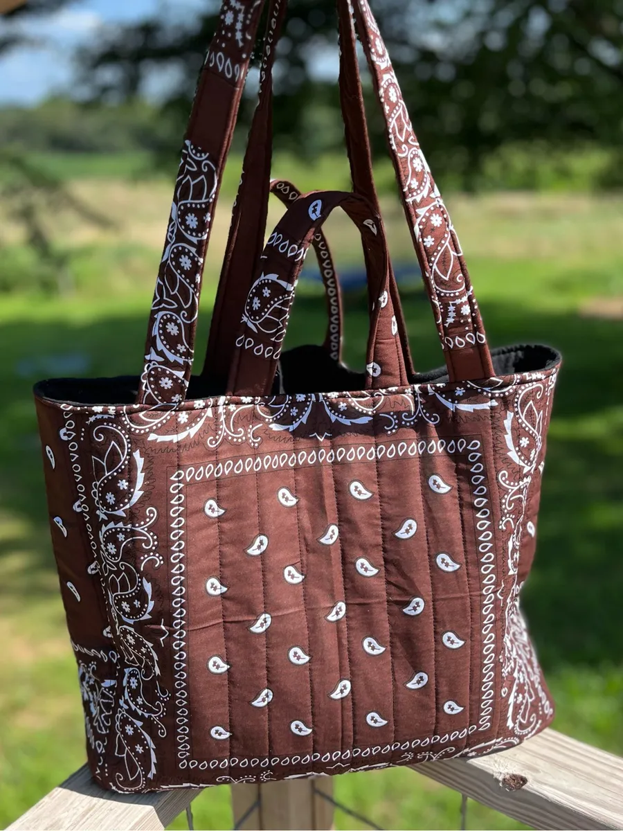 Handmade Brown Quilted Bandana Tote Bag with Short & Long Straps