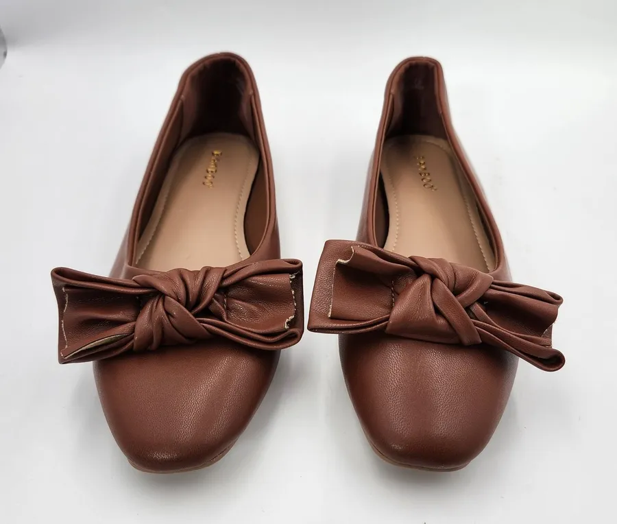 Bamboo Women Brown Flats Bow Round Toe Slip On Shoes Size 7.5 Faux Leather