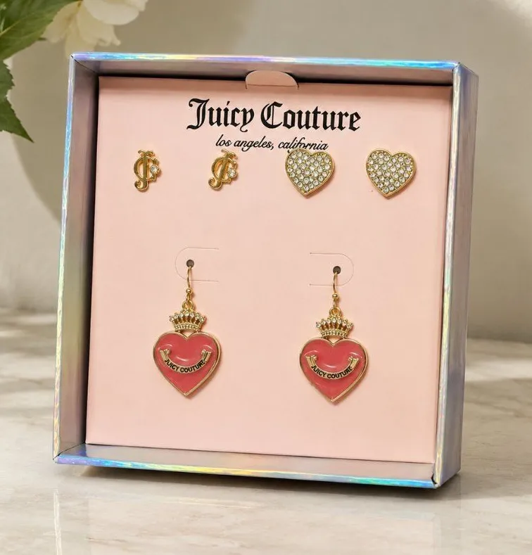Juicy Couture Heart & Logo Earring Gift Set Pink Gold 3-Pair NWT