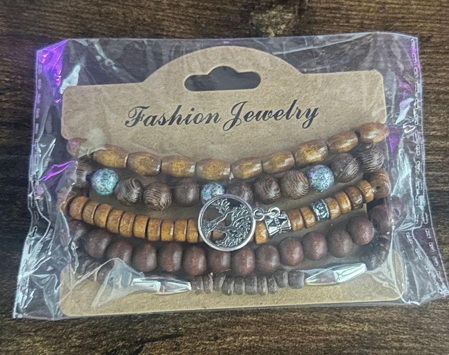 Boho Brown Wood Bead Bracelet Set with Tree Charm