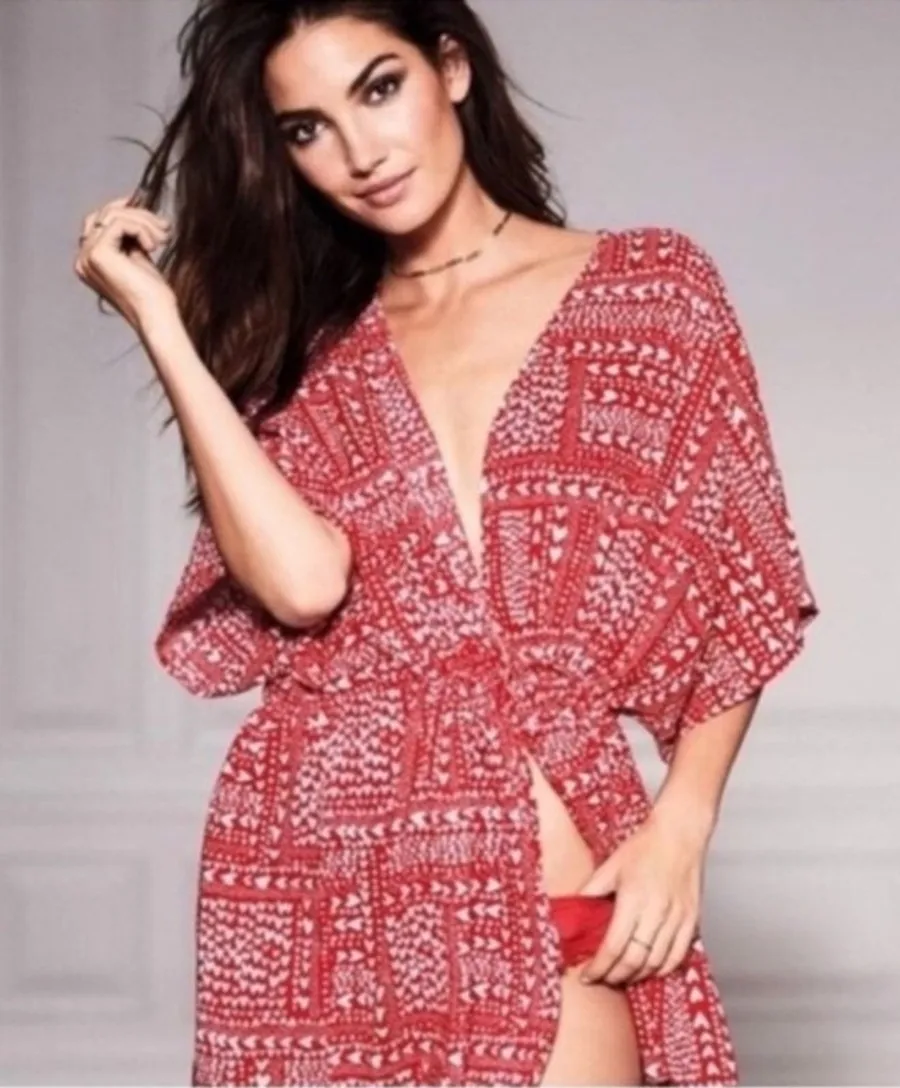 Victoria's Secret Heart Geometric Kimono Cover Up Red White Boho Romantic SizeOS