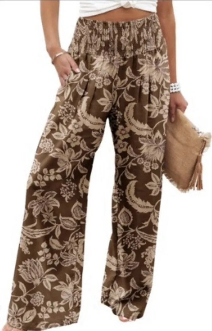 Womens Bohemian Tropical Print Elastic Waist Wide Leg Flowy Vacation Resort Pant Brown Size M