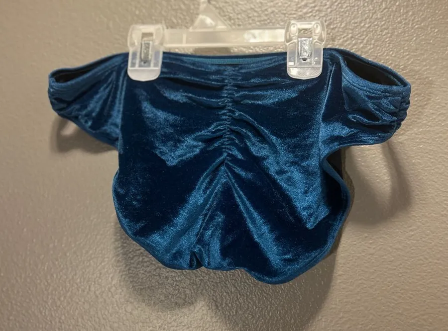 Teal Velvet Bikini Bottoms Ruched Scrunch Back High Waist Stretchy Small Medium Blue