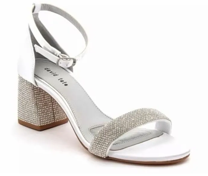 David Tate Size 6 Impress White Satin Rhinestone Block Heel Dress Sandals Womens