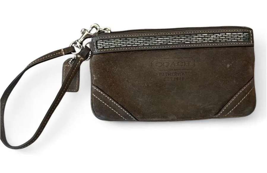 Coach Suede Leather Wristlet Brown