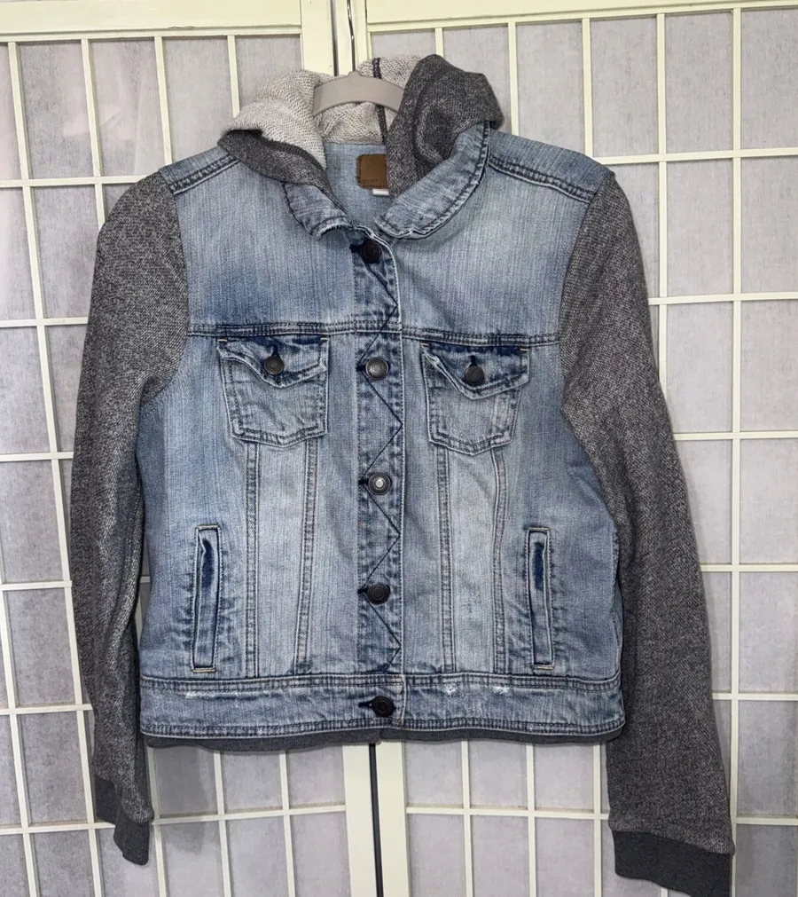 VTG Y2K American Eagle Jean Chore Coat Gray Sweatshirt Hoodie Sleeves Jacket Lg