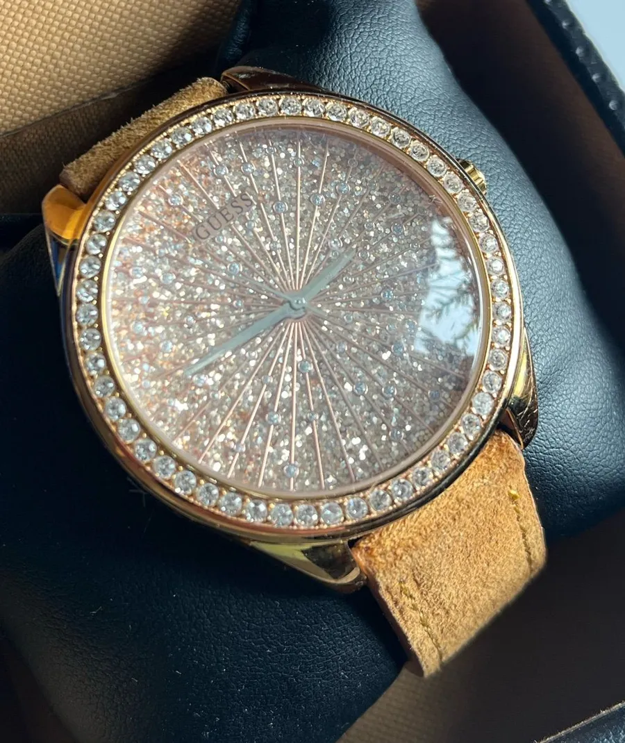 Guess Gold-Tone Watch with Glitter Dial and Tan Strap with Box