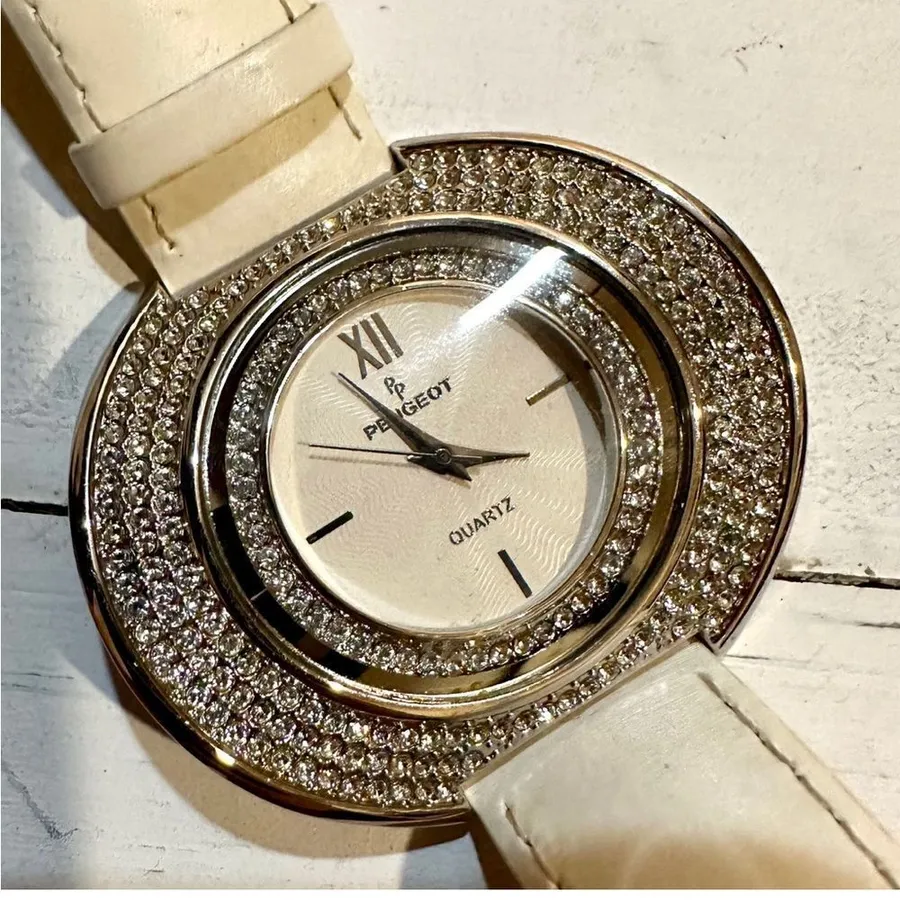 Peugeot couture crystal silver tone watch with leather band