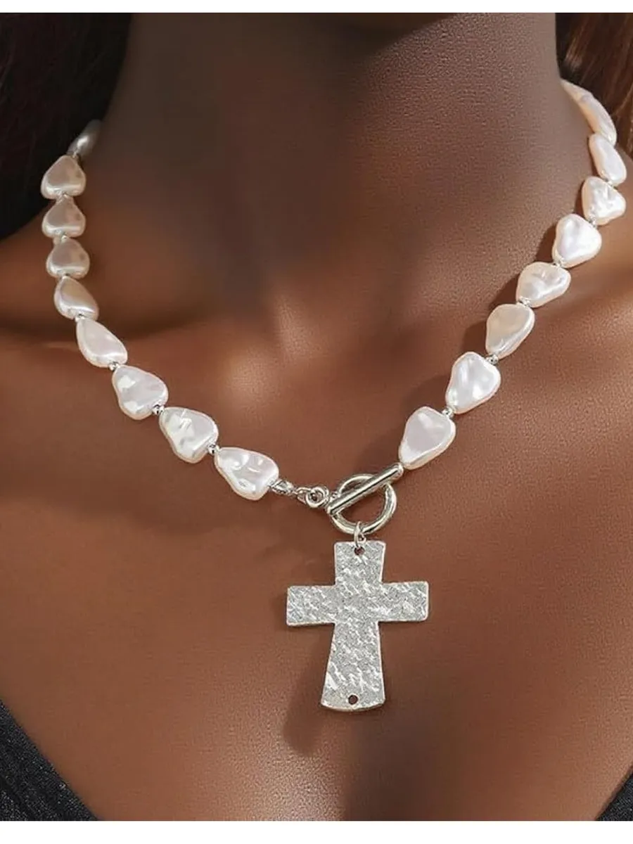 White Beaded Chain Necklace Silver Cross Charm Pendant Toggle Adjustable 17.7"