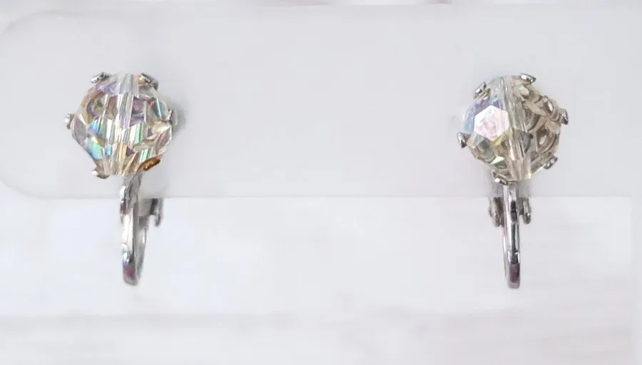 Vintage Clip On Earrings Clear/Iridescent Bead